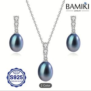 925 Sterling Silver Natural Seawater Black Pearl Necklace & Earrings Set 9-10MM